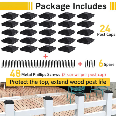 Package includes 24 Top Shelf Black Metal 4X4 Post Caps For Deck Railings And Wooden Fences with 48 screws for ease of installation.