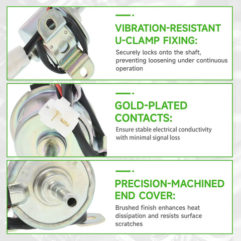 Close-up of 12V Fuel Pump Replacement for FD501D showing vibration-resistant U-clamp, gold-plated contacts, and precision-machined end cover.