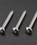 Pro Level 50 Pack 10 X 1.25 Inch Stainless Steel 304 Phillips Pan Head Self Tapping Wood Screws displayed in a row.
