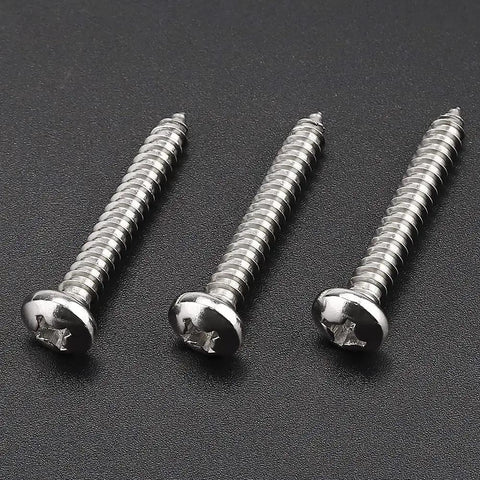 Pro Level 50 Pack 10 X 1.25 Inch Stainless Steel 304 Phillips Pan Head Self Tapping Wood Screws displayed in a row.