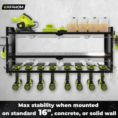 Power Tool Organizer With Built In Charging Station And Eight Outlet Power Strip Workhorse Large Wall Mount Drill Holder Heavy Duty Metal Tool Rack For Garage Organization Black with tools mounted on it against a concrete wall.