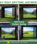 Four setups of All In One Golf Simulator Enclosure Kit with Pro Grade HD Impact Screen in garage, basement, game room, commercial space.