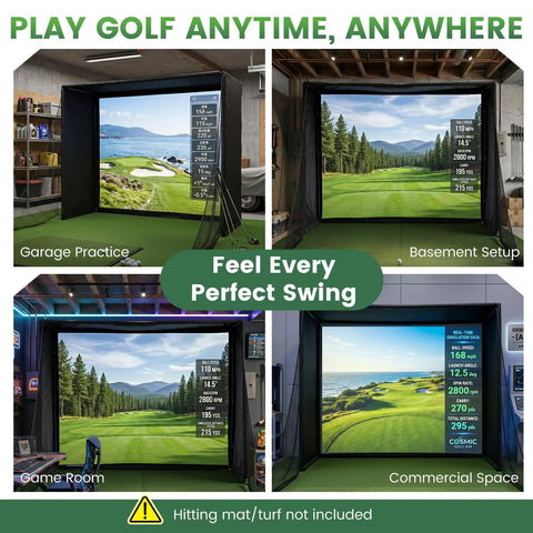 Four setups of All In One Golf Simulator Enclosure Kit with Pro Grade HD Impact Screen in garage, basement, game room, commercial space.