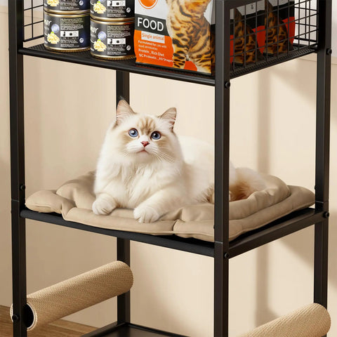 Cat resting on cushioned bed of Four In One Cat Furniture Stand With Scratching Post Dual Feeding Bowls Cozy Bed Platform And Built In Storage Organizer For Small Spaces Matte Black Cat Tower That Dope Setup Adds Serious Space Savings And Cat Happiness.