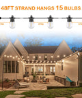 Outdoor LED String Lights 48ft Waterproof Patio Party Lights With Shatterproof Bulbs illuminating a backyard patio.