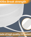 Heavy Duty White Polypropylene Strapping Roll 9900 Ft 1/2 Inch 440 Lb Tensile Strength Packing Gear close-up showing material and break strength.
