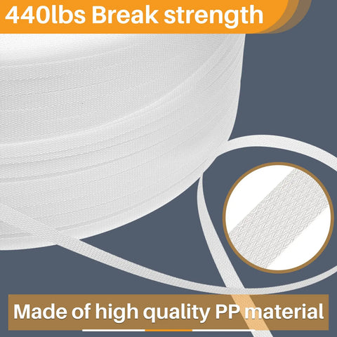 Heavy Duty White Polypropylene Strapping Roll 9900 Ft 1/2 Inch 440 Lb Tensile Strength Packing Gear close-up showing material and break strength.