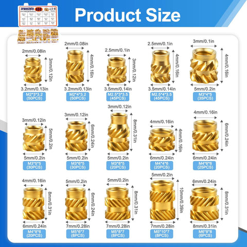 400 Pcs Brass Heat Set Threaded Inserts Kit For Plastic And 3D Printing, M2 To M6 Knurled Female Threaded Nuts, size chart