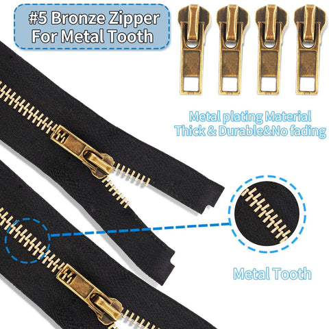 Zipper Repair Kit For Size Five Zippers, 76-Piece Auto Lock Pulls With Bottom And Top Stops, bronze nylon zippers and pulls