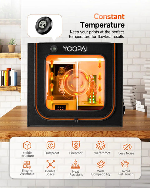 Front view of Dual Resin 3D Printer Enclosure with Vent Kit and LED Light, showcasing temperature display and safety features.