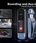 64GB USB MP3 Player With Bluetooth 5 3 Clip Jam showing recording, voice recorder, and AUX-in features