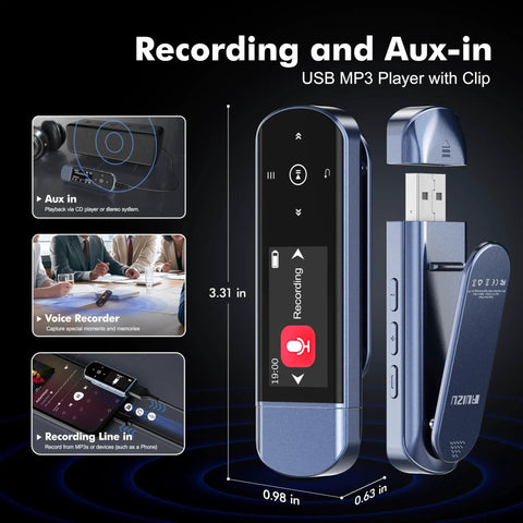 64GB USB MP3 Player With Bluetooth 5 3 Clip Jam showing recording, voice recorder, and AUX-in features