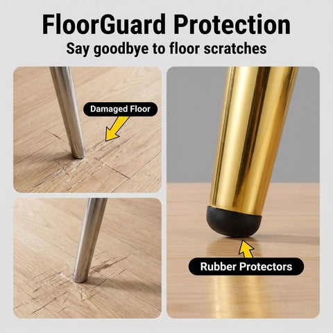 Heavy Duty 4 Inch Furniture Legs Set of 4 in Satin Gold with Rubber Floor Protectors preventing floor scratches, industrial steel build.