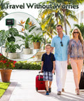 Family with luggage, Solar Drip Irrigation System For Gardens And Greenhouses DIY Automatic Drip Kit inset with plants in pots.