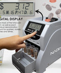 Heavy Duty Automatic Digital Coin Counter Bankroll Wrapper Separates Pennies Dimes Nickels Quarters Smoothly So You Can Count Down The Bucks Without Kidding Today showing digital display and coins.