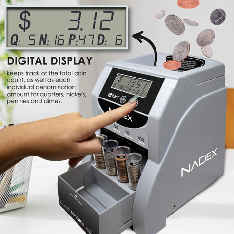 Heavy Duty Automatic Digital Coin Counter Bankroll Wrapper Separates Pennies Dimes Nickels Quarters Smoothly So You Can Count Down The Bucks Without Kidding Today showing digital display and coins.