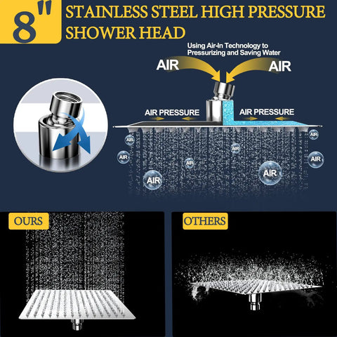 8-inch stainless steel high pressure shower head with air-in technology, showing water flow comparison with others and detailed nozzle view