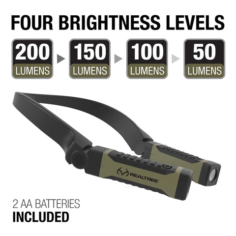 Four brightness levels of 200, 150, 100, and 50 lumens on hands free neck light for camping hunting and work, AA batteries included