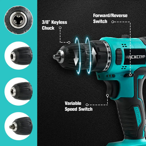 Close-up of Brushless 21V Cordless Drill Kit With Three Eighths Inch Keyless Chuck 300 InLb Torque Dual Speed with features labeled