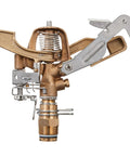 Heavy Duty Brass Impact Sprinkler Head Offering Close And Far Coverage With Dual Nozzles For Total Lawn Protection With Robust 3/4 In Mpt Connection And Heavy Duty Brass Build Without Kinking Or Failure In Your Garden Setup, showing detailed brass structure.