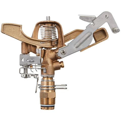 Heavy Duty Brass Impact Sprinkler Head Offering Close And Far Coverage With Dual Nozzles For Total Lawn Protection With Robust 3/4 In Mpt Connection And Heavy Duty Brass Build Without Kinking Or Failure In Your Garden Setup, showing detailed brass structure.