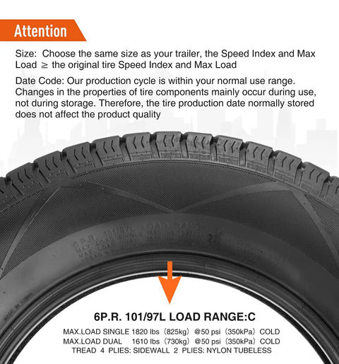 Close-up of Premium ST205/75D15 Trailer Tire 6PR Load Range C with sidewall details and tread design visible.