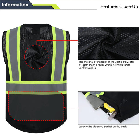 Heavy Duty Class Two Hi Vis Safety Vest Zip Front Five Pocket Tool Storage Unisex Workwear Ansi Isea Compliant Job Site Ready Reflective Gear Built Tough Black Three X Large Crew Approved mesh back with reflective stripes and large utility pocket