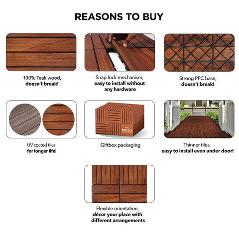 Interlocking Teak Deck Tiles 12x12 Inches Outdoor Flooring That Rocks Weather Resistant UV Protected Anti Slip details and features
