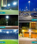 Two Pack 100W LED Outdoor Flood Lights illuminating rugby field, parking lot, basketball court, football field, backyard