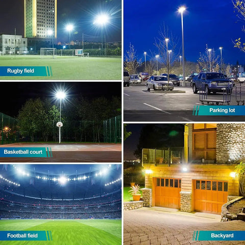 Two Pack 100W LED Outdoor Flood Lights illuminating rugby field, parking lot, basketball court, football field, backyard