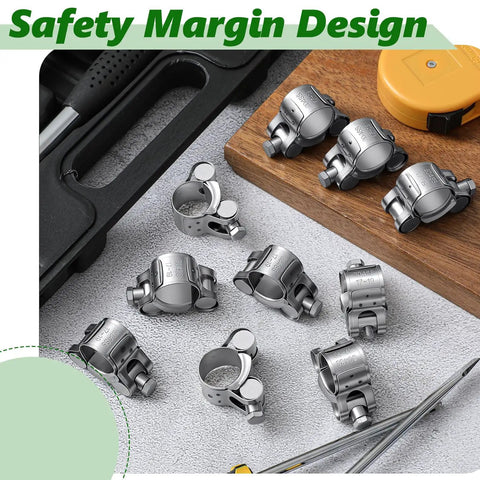 Ten Pack T Bolt Hose Clamps Kit 17 to 19 Mm OD Heavy Duty Adjustable 304 Stainless Steel T Slot Clamp For Radiator Exhaust Intercooler Tubing Securement product display with tools