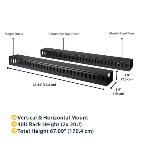 2-Pack 20U Vertical Cable Organizer With Finger Ducts For 40U Rack Mounts, steel 3ft panels, removable top cover