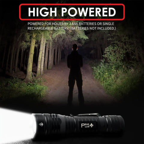 LED Tactical Flashlight PTAC1000 Two Pack With One Mode Operation, High Lumen Output lighting up a forest trail at night.