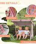Kids 2 Seater Patio Porch Swing With Adjustable Canopy And Safety Belt Pink Butterfly Pattern Hanging Swing Bench For Garden