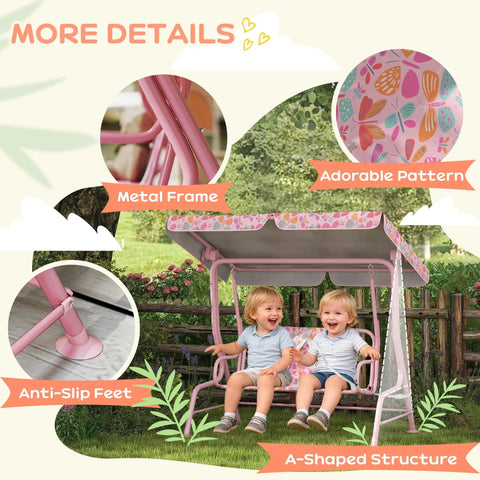 Kids 2 Seater Patio Porch Swing With Adjustable Canopy And Safety Belt Pink Butterfly Pattern Hanging Swing Bench For Garden
