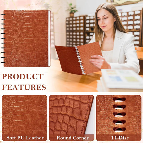 Pu Leather Discbound Notebook Cover Set With 2 Covers And 11 Expansion Discs, Letter Size Office Planner, caramel texture close-up.
