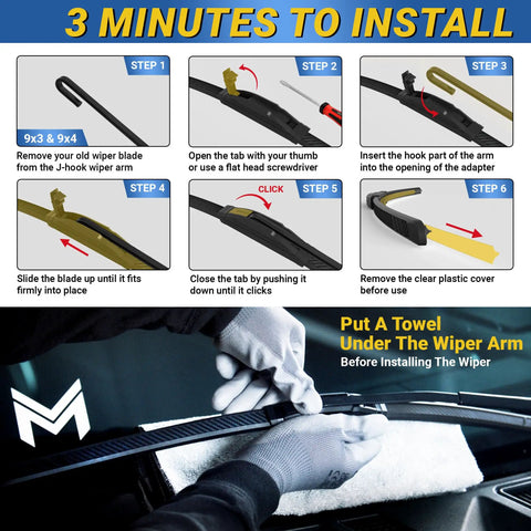 Installation guide for Hella Tough Silicone Windshield Wiper Blades Two Pack showing step-by-step setup on J hook mounts.