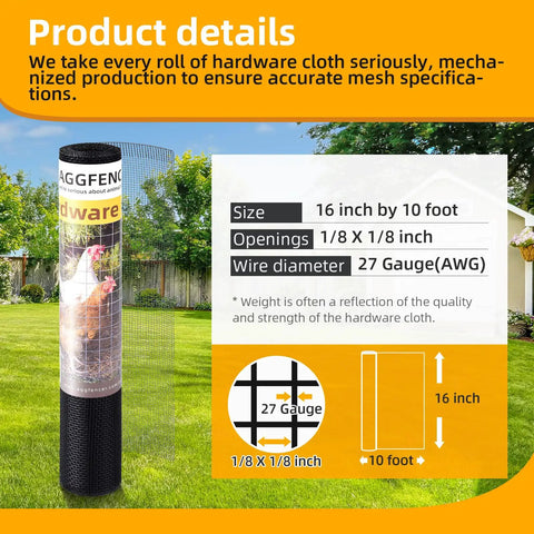 Beefy Black Heavy Duty Hardware Cloth Welded Wire Mesh Roll 16 Inch by 10 Foot 1/8 Inch 27 Gauge PVC Coated Durable Galvanized Steel