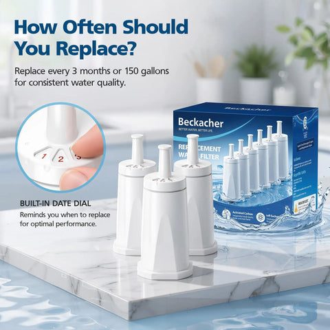 Premium Replacement Water Filters To Keep Your Daily Grind Running Tight 6 Pack Compatible With Barista Touch Oracle Dual Boiler And Claro Swiss Systems Replace Part Bes008Wht0Nuc1 on a marble countertop with a built-in date dial.