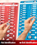 Person using Nut And Bolt Thread Checker Kit With Magnetic Base Pro Grade, 28 Standard And 28 Metric Gauges, wall-mounted.