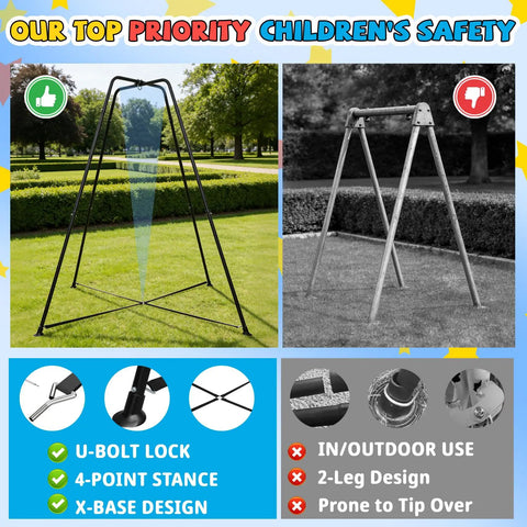 Heavy-Duty X Shaped Sensory Swing Stand For Kids with X-base design in outdoor setting, highlighting safety features.
