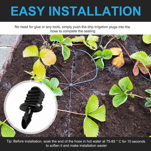 Image showing easy installation of 50 Pieces Drip Irrigation End Plugs One Fourth Inch Barbed Tubing End Caps Kit in a garden bed.