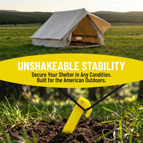 9 inch yellow plastic tent peg inserted in ground, anchoring a tent on a grassy field; 24 Pack 9 Inch Yellow Plastic Tent Pegs Stakes For Camping And Outdoor Use Durable Lightweight PP Stakes For Tents Awnings Beach Lawn Garden Easy Insertion Weather Resistant Ground Fixation.