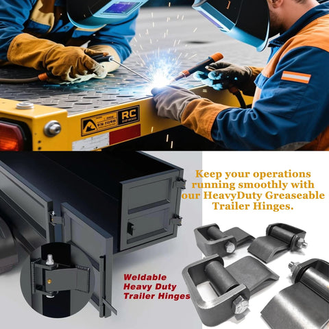 Heavy-duty weld-on trailer hinges, strap-style, 5-3/8 x 4 in, 4-pack, 2000 lb capacity; installed on a trailer.