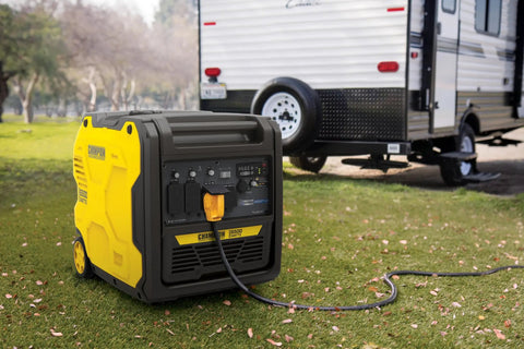 6500-Watt RV Ready Portable Inverter Generator With Quiet Technology beside an RV on grass.