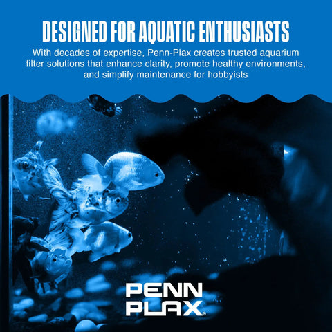 Penn-Plax aquarium poster with goldfish swimming and text about aquatic enthusiasts and filter solutions.