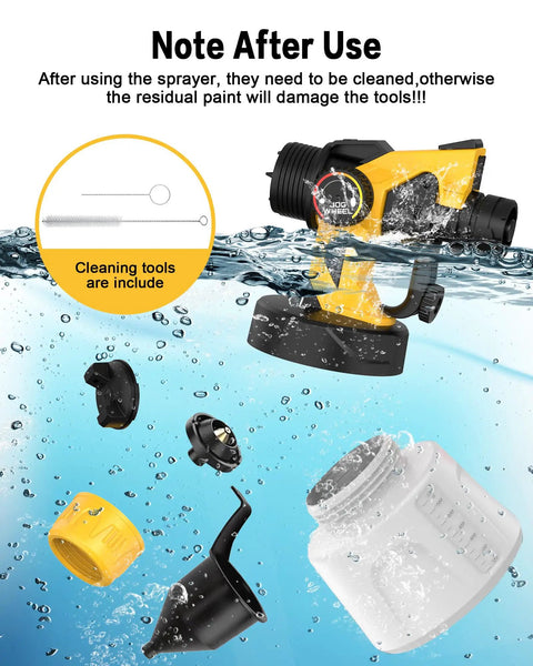 ProGrade 700W Airless Paint Sprayer And Hvlp Spray Gun with cleaning tools shown in water, showcasing maintenance parts and tank.