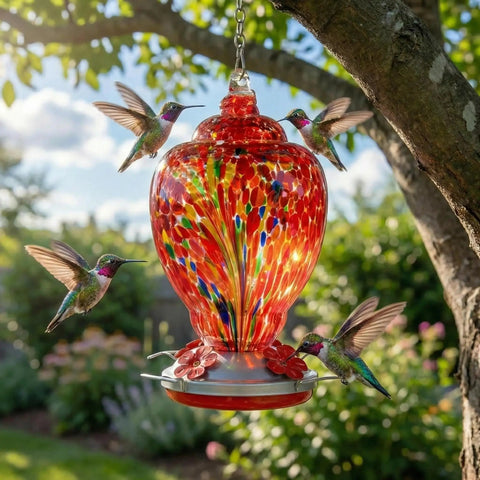 Colorful Hand Blown Glass Hummingbird Feeder For Outdoors Patio Large 32 Ounce With Ant Moat Hanging Hook Rope Cleaning Brush And Service Card Red Firework hanging on a tree with hummingbirds feeding