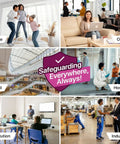 Collage showing diverse environments labeled: Home, Office, Retail, Hospital, Institution, Industrial, with text 'Safeguarding Everywhere, Always!'