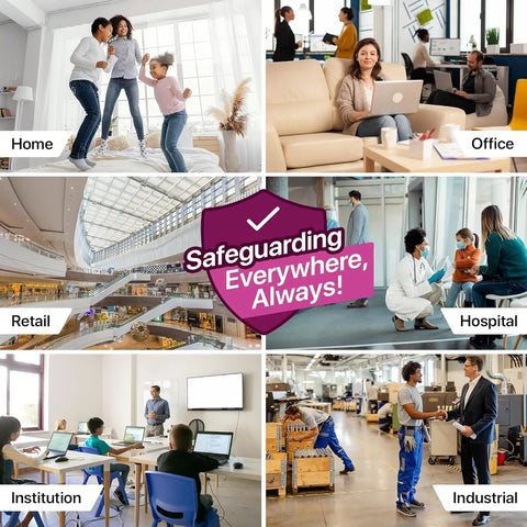 Collage showing diverse environments labeled: Home, Office, Retail, Hospital, Institution, Industrial, with text 'Safeguarding Everywhere, Always!'